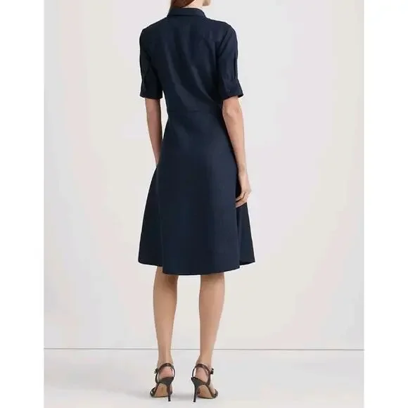 NEW Lauren Ralph Lauren Tie Front Linen Shirtdress Sz 10 Navy Blue Short Sleeve - Picture 3 of 13